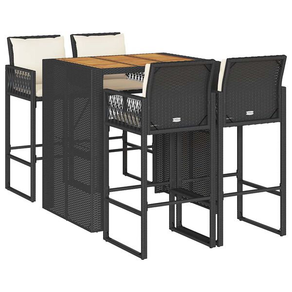 vidaXL Set Bar da Giardino 5 pz con Cuscini Nero in Polyrattan Acacia