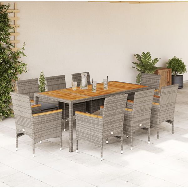 vidaXL Set Pranzo da Giardino 9pz con Cuscini Polyrattan Acacia Grigio