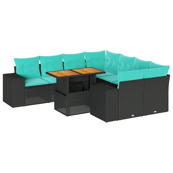 vidaXL Set Divani da Giardino 9 pz con Cuscini Nero in Polyrattan