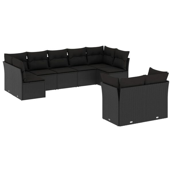 vidaXL Set Divani da Giardino 9 pz con Cuscini Nero in Polyrattan