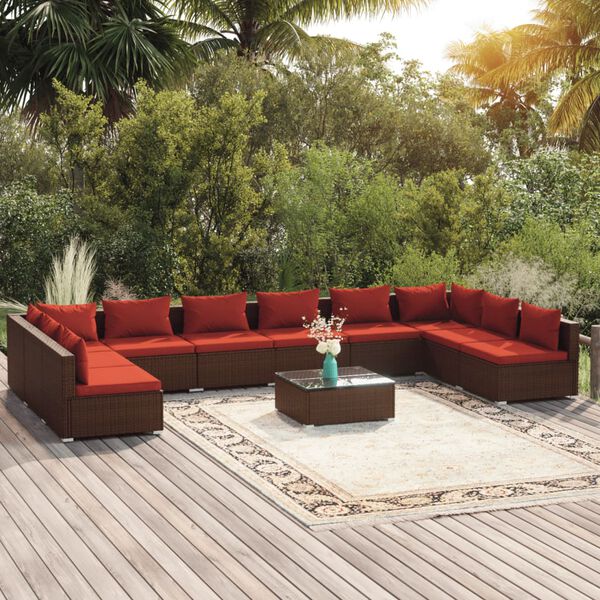vidaXL Set Divani da Giardino 11 pz con Cuscini in Polyrattan Marrone