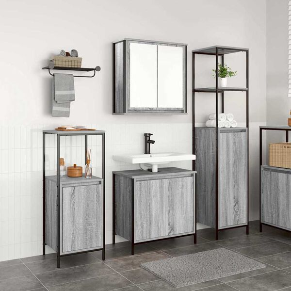 vidaXL Set di mobili per il bagno con porta 3 pcs Grigio Sonoma e Nero