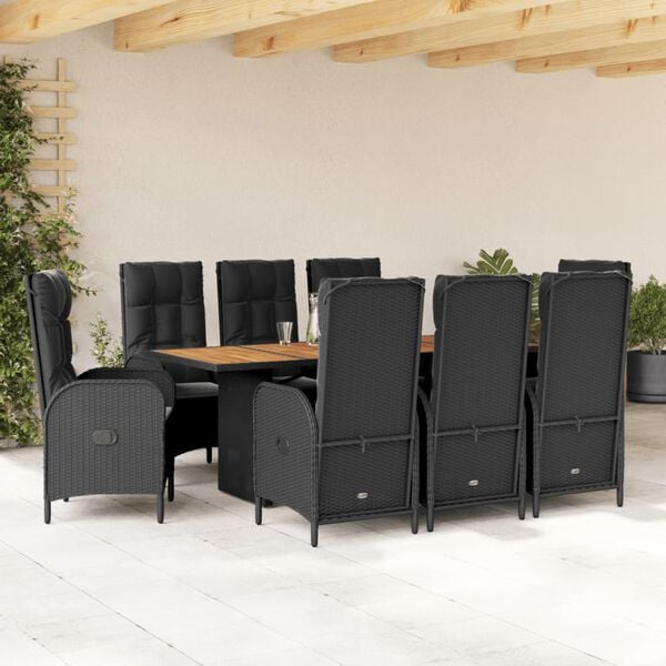 vidaXL Set da Pranzo da Giardino 9 pz con Cuscini Nero in Polyrattan