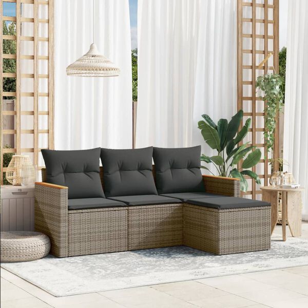 vidaXL Set Divani da Giardino 4 pz con Cuscini in Polyrattan Grigio