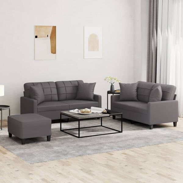 vidaXL Set di Divani 3 pz con Cuscini Grigio in Similpelle