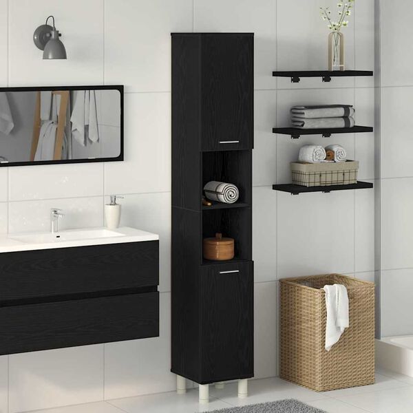 vidaXL Mobile da Bagno Rovere Nero 30 x 30 x 179 cm Legno multistrato