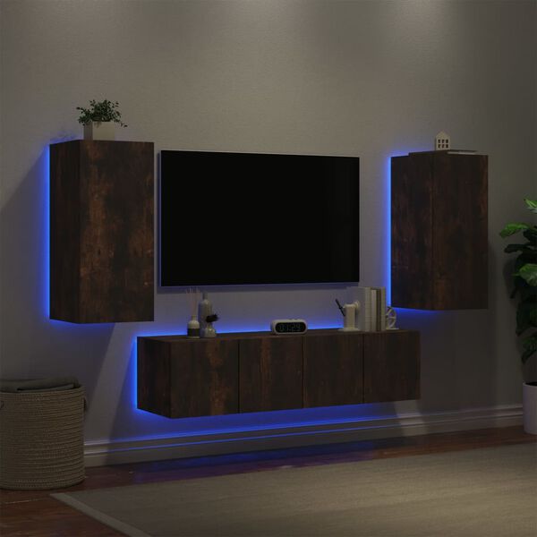 vidaXL Mobili TV a Muro con LED 4pz Rovere Fumo in Legno Multistrato