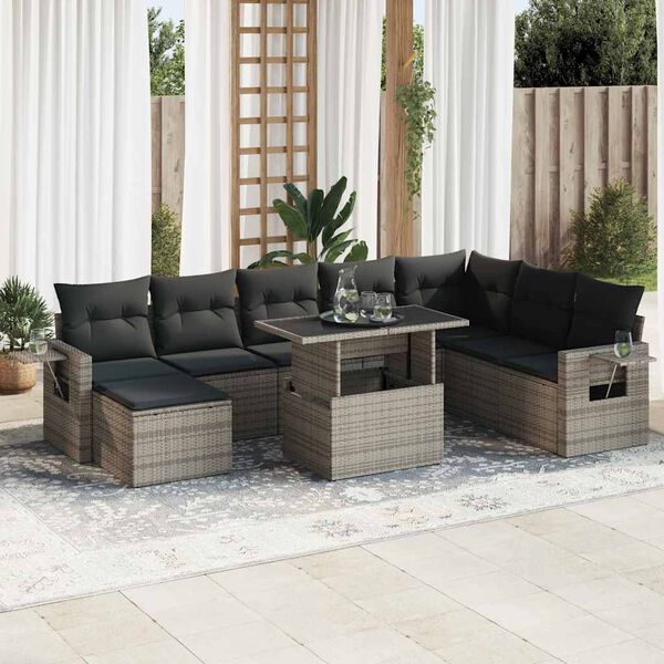 vidaXL Set Divano da Giardino 9 pz con Cuscini Grigio in Polyrattan