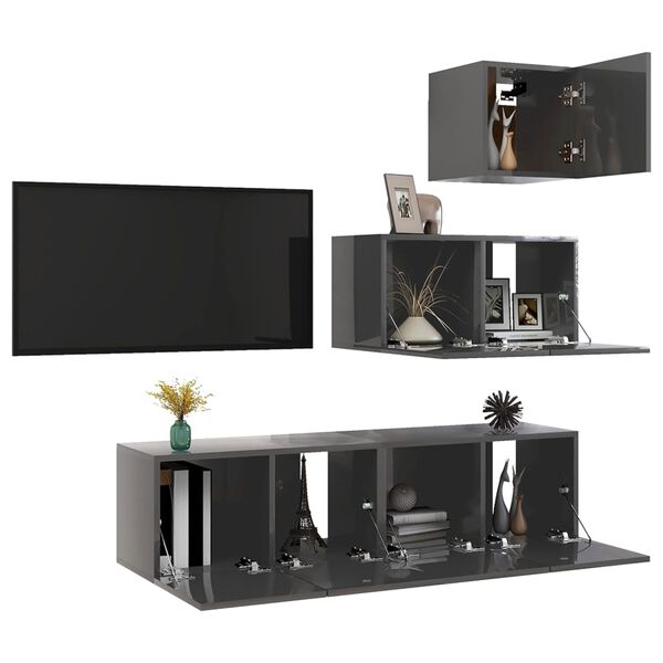 vidaXL Set Mobili TV 4 pz Grigio Lucido in Legno Multistrato