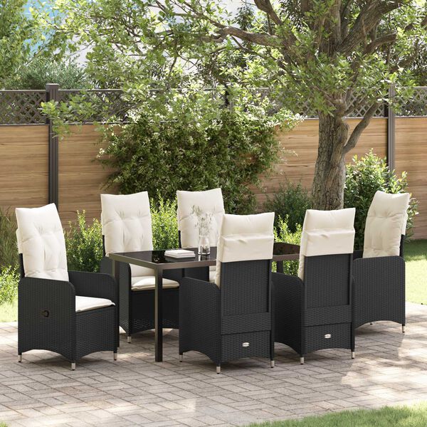 vidaXL Set da Pranzo per Giardino con cuscino 7 pcs Nero Poly Rattan