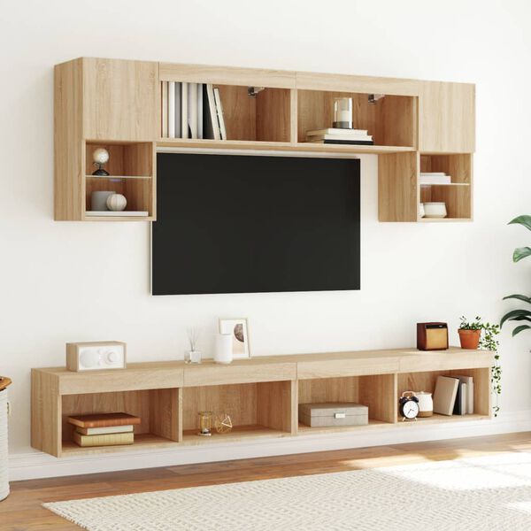 vidaXL Mobili TV a Muro con LED 6pz Rovere Sonoma Legno Multistrato