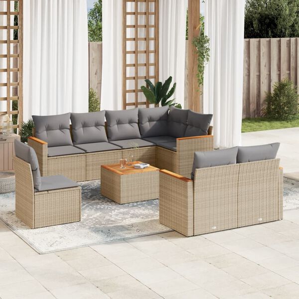 vidaXL Set Divano da Giardino 9 pz con Cuscini Beige Misto Polyrattan