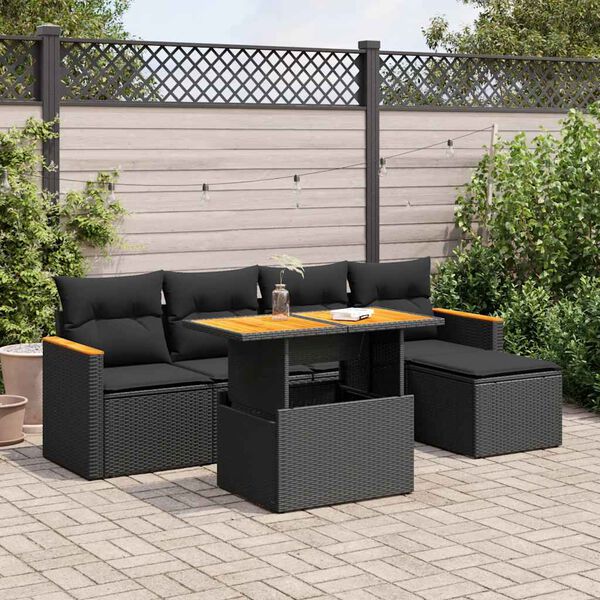 vidaXL Set Divano da Giardino 6 pz con Cuscini Nero Polyrattan Acacia