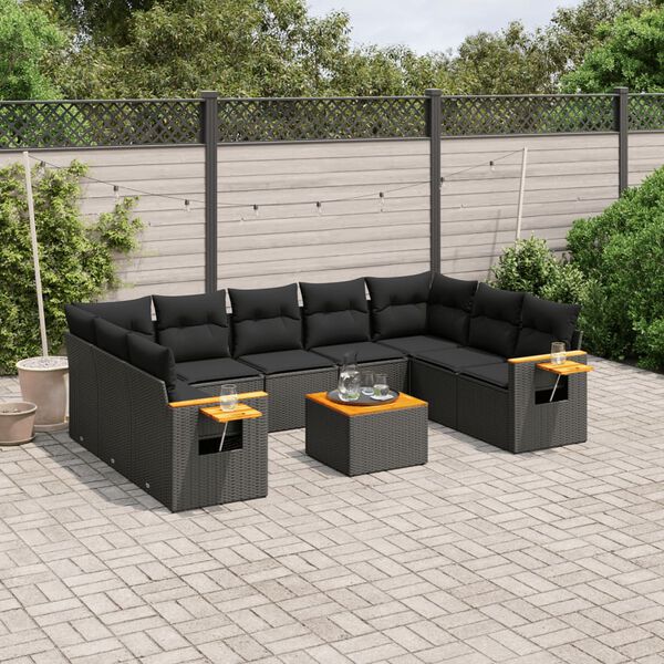 vidaXL Set Divani da Giardino 10pz con Cuscini in Polyrattan Nero