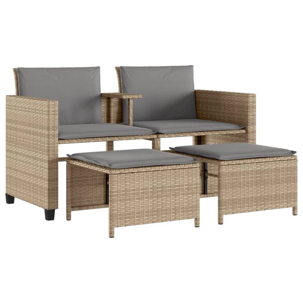 vidaXL Divano Giardino 2 Posti con Tavolo e Sgabelli Beige Polyrattan