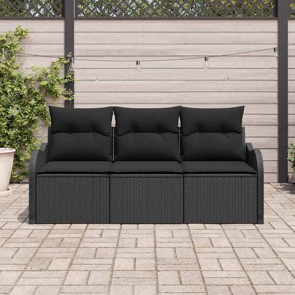 vidaXL Set Divano da Giardino con cuscino 3 pcs Nero Poly Rattan