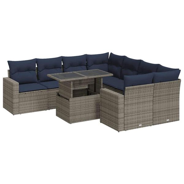 vidaXL Set Divano da Giardino 9pz con Cuscini Grigio Polyrattan Acacia