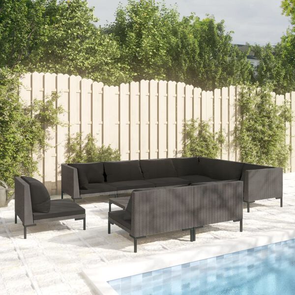 vidaXL Divani da Giardino 10 pz con Cuscini in Polyrattan Grigio Scuro