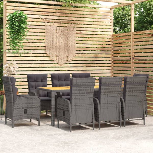 vidaXL Set Mobili da Pranzo per Giardino 9 pz in Polyrattan Grigio