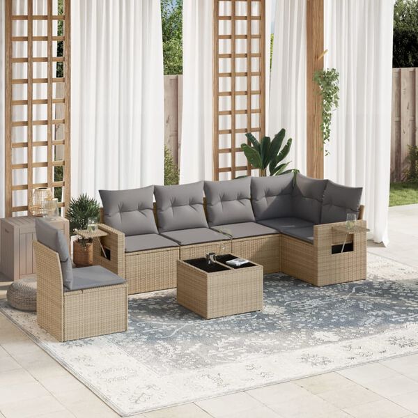 vidaXL Set Divani da Giardino 7 pz con Cuscini Beige in Polyrattan