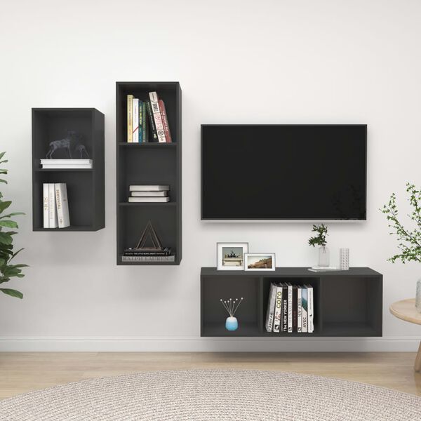 vidaXL Set Mobili TV 3 pz Grigio in Legno Multistrato