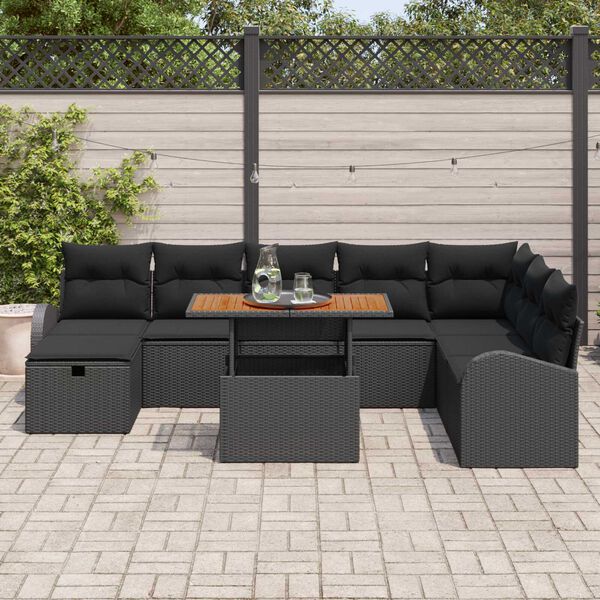 vidaXL Set Divano da Giardino con cuscino 9 pcs Nero polyrattan