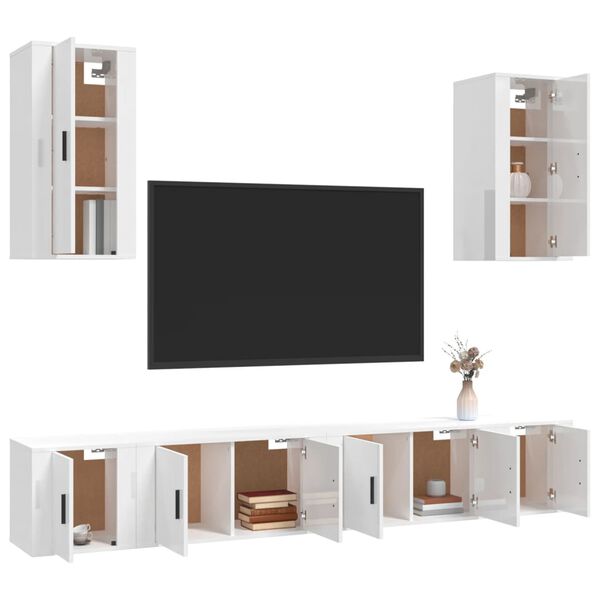 vidaXL Set di Mobili Porta TV 6 pz Bianco Lucido in Legno Multistrato