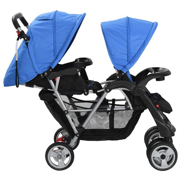 vidaXL Passeggino Gemellare a Tandem in Acciaio Blu e Nero