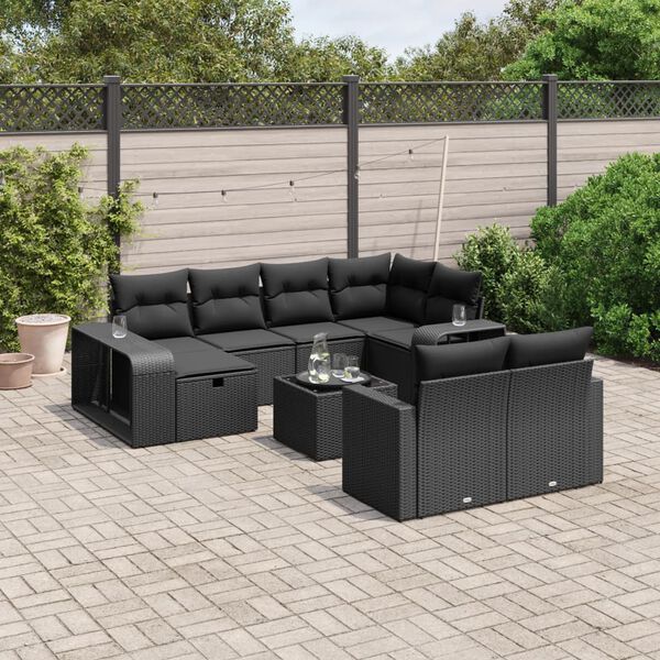 vidaXL Set Divani da Giardino 11 pz con Cuscini in Polyrattan Nero