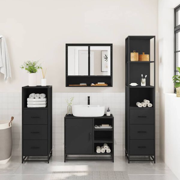 vidaXL Set Mobili da Bagno 4 pz Nero in Legno Multistrato