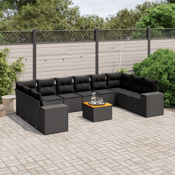 vidaXL Set Divani da Giardino 11 pz con Cuscini in Polyrattan Nero