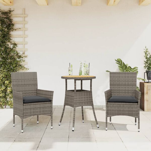 vidaXL Set Pranzo da Giardino 3pz con Cuscini Polyrattan Acacia Grigio