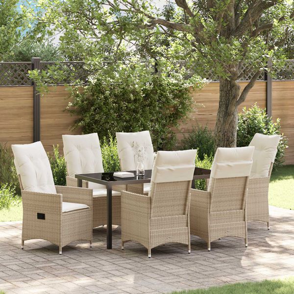 vidaXL Set da Pranzo per Giardino con cuscino 7 pcs Beige polyrattan