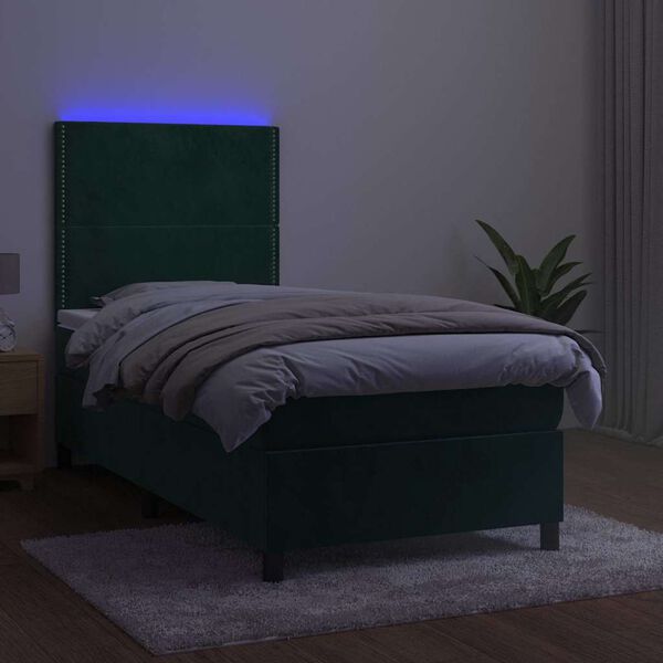 vidaXL Letto a Molle con Materasso e LED Verde Scuro 90x190 cm Velluto