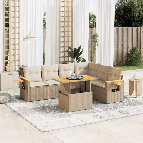 vidaXL Set Divani da Giardino 7 pz con Cuscini Beige in Polyrattan