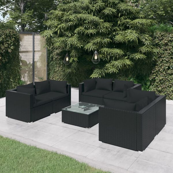 vidaXL Set Divani da Giardino 7 pz con Cuscini in Polyrattan Nero