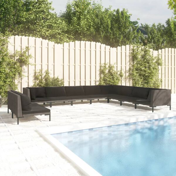 vidaXL Divani da Giardino 10 pz con Cuscini in Polyrattan Grigio Scuro