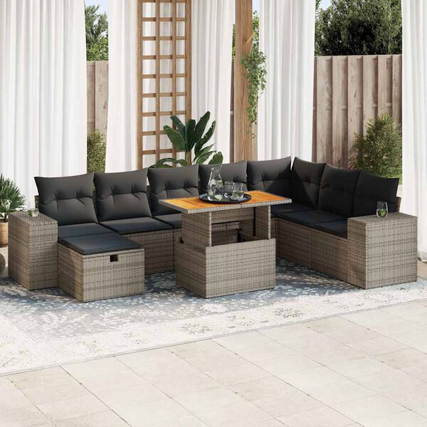 vidaXL Set Divano da Giardino 9pz con Cuscini Grigio Polyrattan Acacia