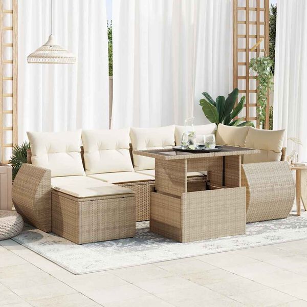 vidaXL Set Divani da Giardino 7 pz con Cuscini Beige in Polyrattan