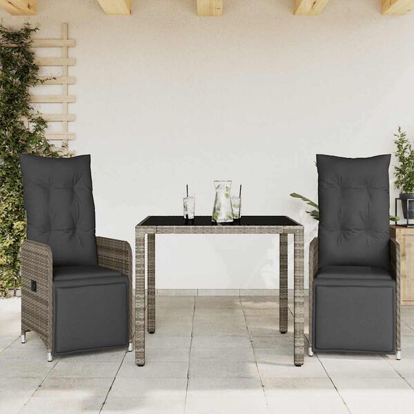 vidaXL Set Bistr&ograve; da Giardino 3 pz con Cuscini in Polyrattan Grigio