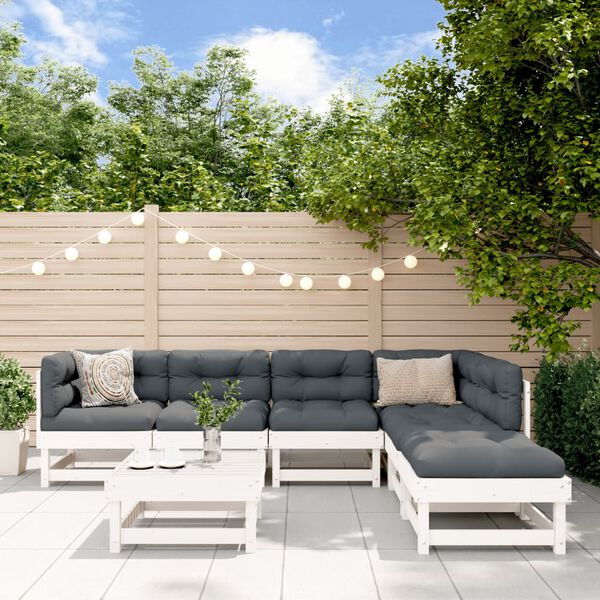 vidaXL Set Divani da Giardino 7pz con Cuscini in Legno Massello Bianco