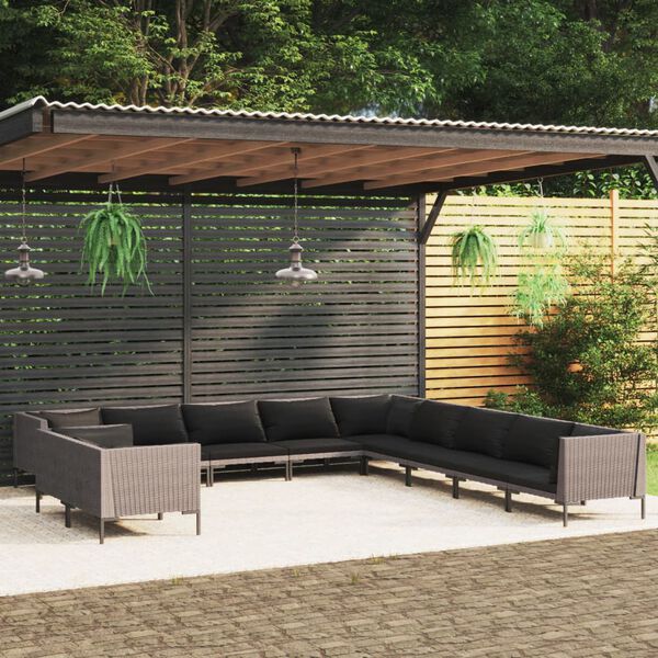 vidaXL Divani da Giardino 11 pz con Cuscini in Polyrattan Grigio Scuro