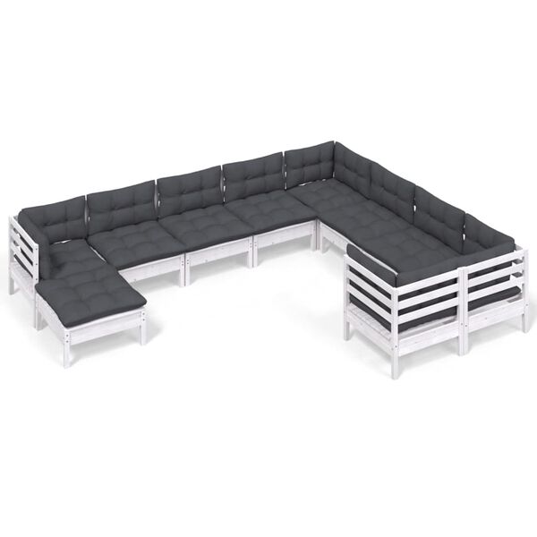 vidaXL Set Divani da Giardino 10 pz con Cuscini Legno di Pino Bianco