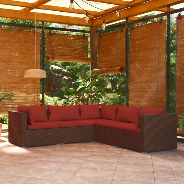 vidaXL Set Divani da Giardino 5 pz con Cuscini in Polyrattan Marrone