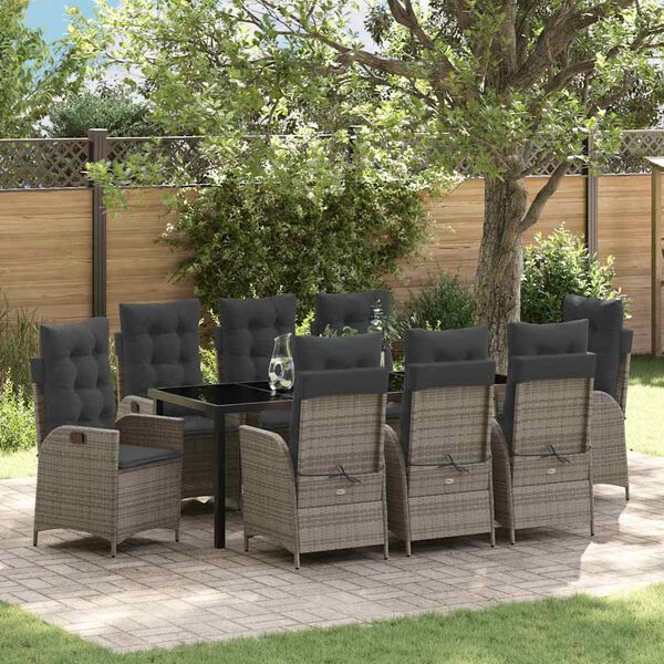 vidaXL Set da Pranzo per Giardino con cuscino 9 pcs Grigio polyrattan