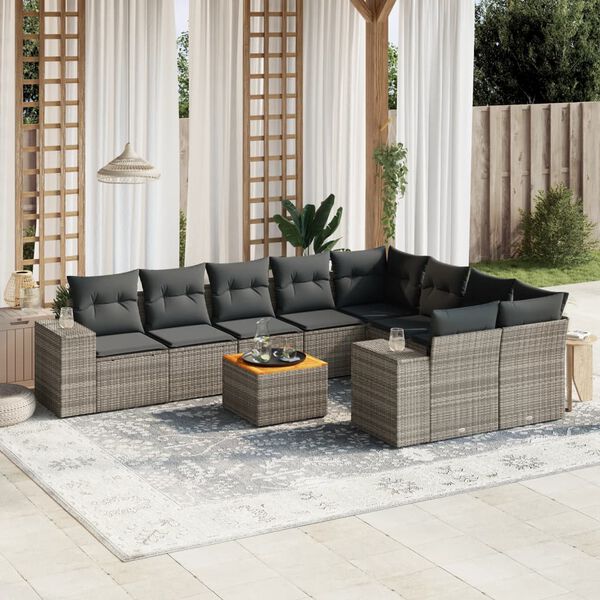 vidaXL Set Divano da Giardino 10 pz con Cuscini Grigio in Polyrattan