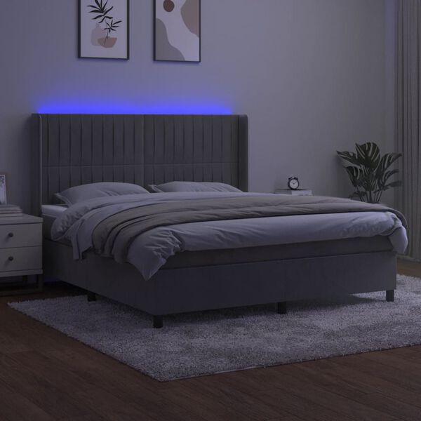 vidaXL Letto a Molle Materasso e LED Grigio Chiaro 180x200 cm Velluto
