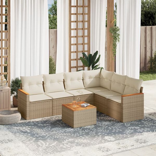vidaXL Set Divani da Giardino 7 pz con Cuscini Beige in Polyrattan
