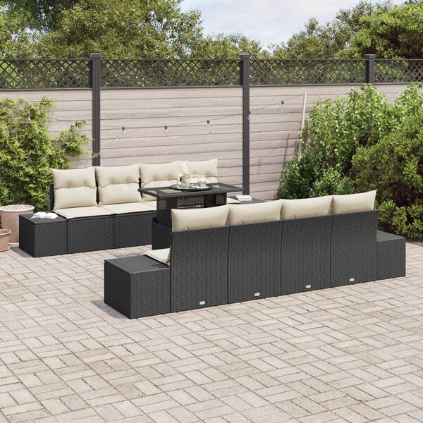 vidaXL Set Divano da Giardino con cuscino 9 pcs Nero e Crema