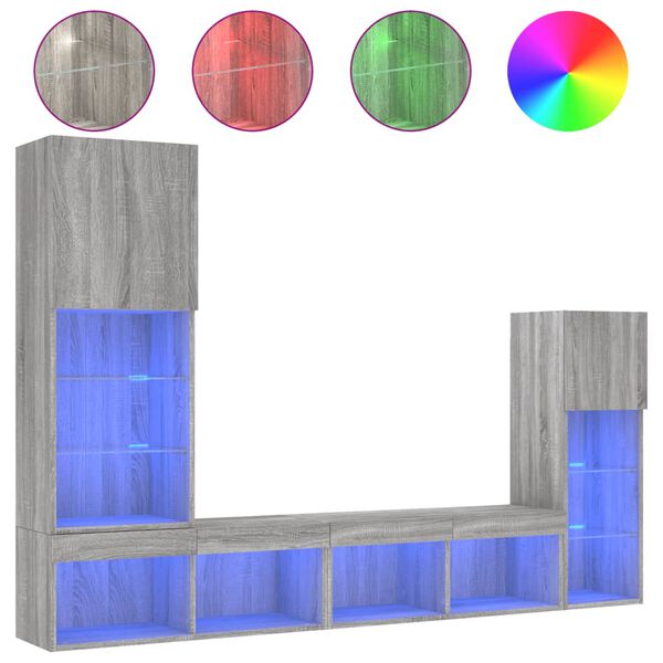 vidaXL Mobili TV a Muro con LED 4pz Grigio Sonoma in Legno Multistrato